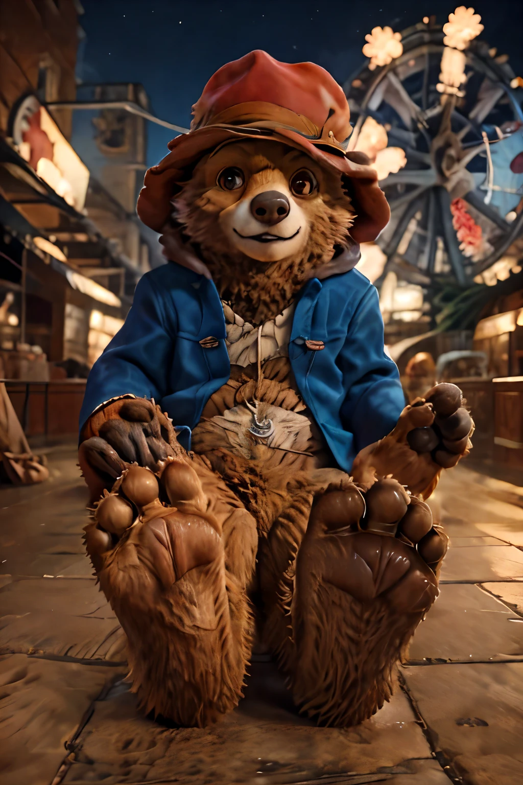 paddington bear showing his feetpaws paws to the front, to the viewer, artwork semi realistic, he war a red hat and a blue jacket
