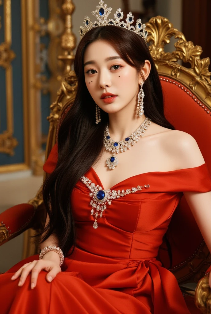 1 girl,beautiful korean girl,long wavy hair , wearing red queen uniform,diamond embellishment on uniform, studio lighting, , dslr, soft lighting, high quality, light reflections,natural makeup, pale skin, detailed skin, beauty spots, skin fuzz,(full body: 1.3),legs,luxury room, palace,front view,sitting on throne,bare shoulder,queen crown,big blue diamond necklace,diamond accessories,