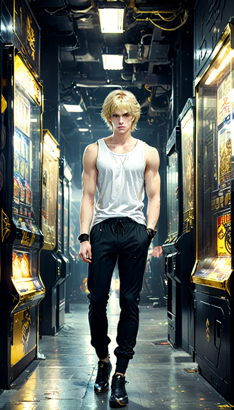 （The best image quality， ultra clear) male, blond, 20 years old, 154cm tall, fair hair well combed, cigarette in mouth, black pants, black bandages on both hands from wrist to elbow, medium length hair full height golden eyes, full height, short beautiful hair, black gamer sleeves, brutal, tank top, gold eyes, sleeves