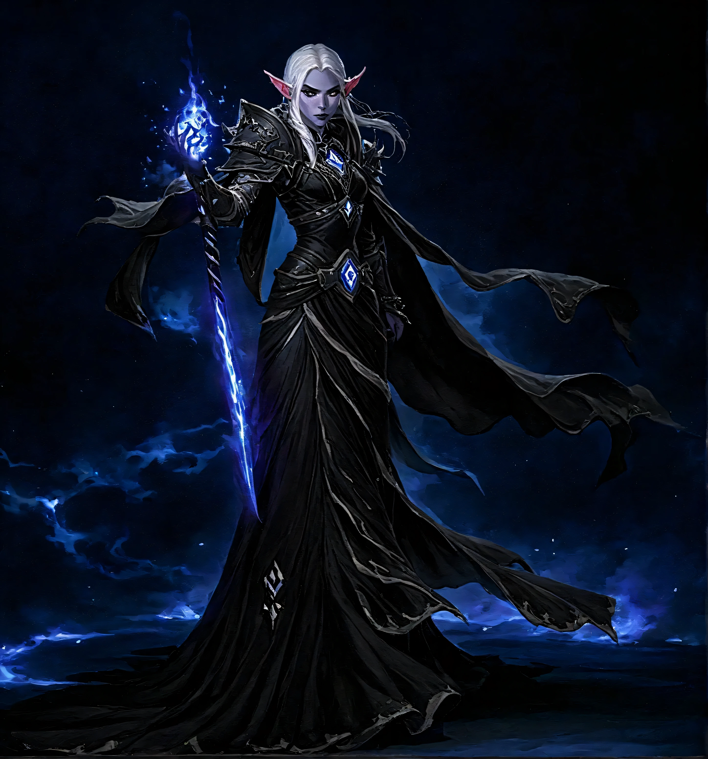 a close up of a person Morthisha in a dress with a sword, wearing cloak on blasted plain, deathknight, wearing star filled mage robes, death knight, with glowing runes on the body, clothed in ethereal battle armor, dark elf, necromancer sorceress, dark sorceress full view, north adult female warrior, world of warcraft elven druid