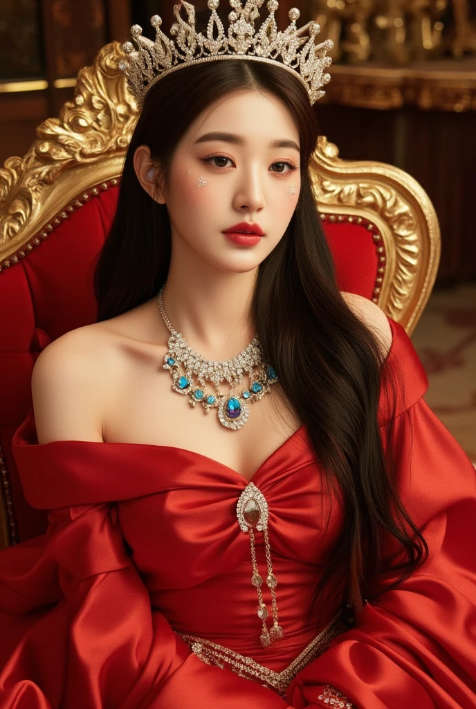 1 girl,beautiful korean girl,long wavy hair , wearing red queen uniform,diamond embellishment on uniform, studio lighting, , dslr, soft lighting, high quality, light reflections,natural makeup, pale skin, detailed skin, beauty spots, skin fuzz,(full body: 1.3),legs,luxury room, palace,front view,sitting on throne,bare shoulder,queen crown,big blue diamond necklace,diamond accessories,