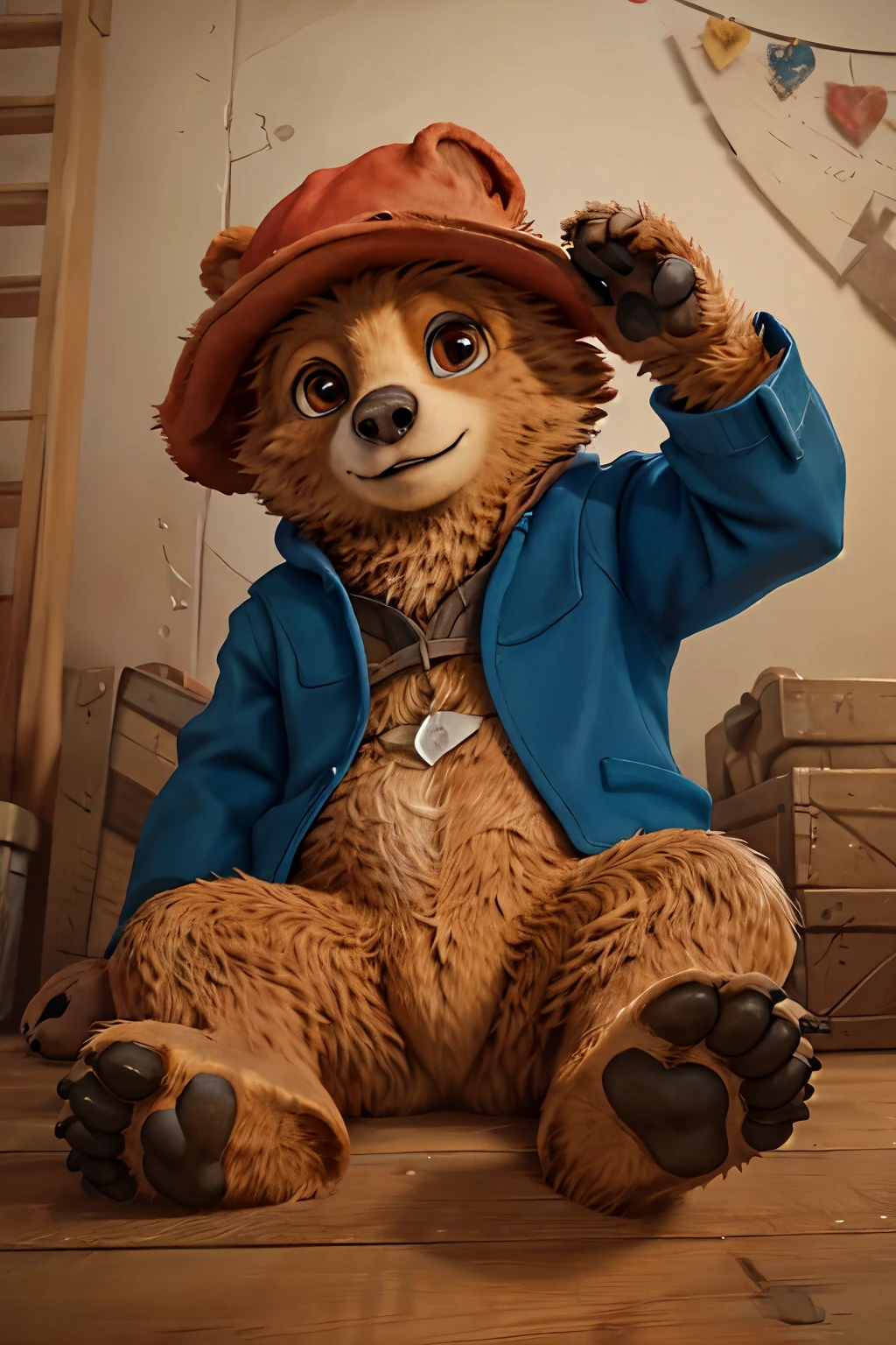 paddington bear showing his feetpaws paws to the front, to the viewer, artwork semi realistic, he war a red hat and a blue jacket, five toes, black feet soles
