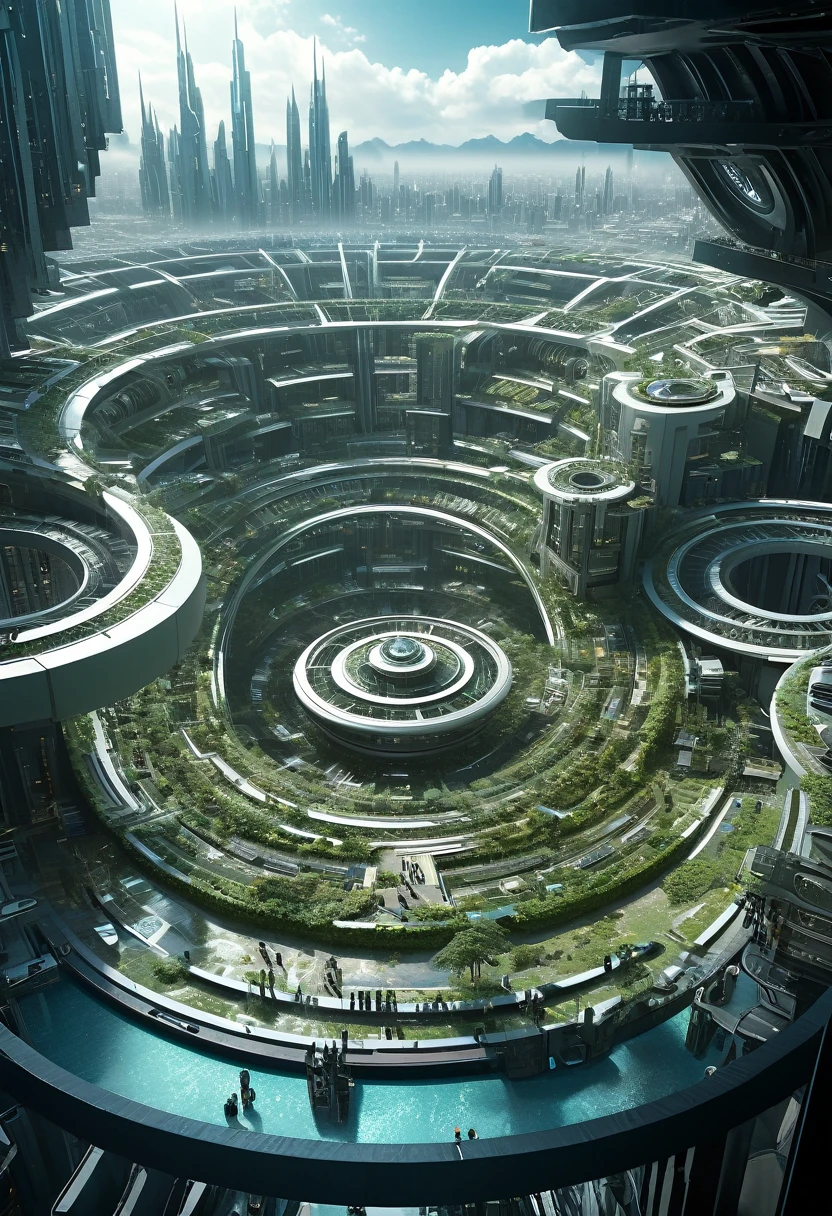 （Very unified CG scene design），（A ring-shaped future city suspended in the universe），（Neatly arranged future technology houses in the ring）complex structure，Complex gears，clear texture，complex patterns，glyphic，Titanium alloy，Sophisticated construction，Ultra-complex structures，future human city，science fiction，cyberpunk characters，