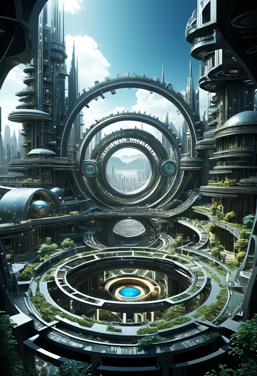 （Very unified CG scene design），（A ring-shaped future city suspended in the universe），（Neatly arranged future technology houses in the ring）complex structure，Complex gears，clear texture，complex patterns，glyphic，Titanium alloy，Sophisticated construction，Ultra-complex structures，future human city，science fiction，cyberpunk characters，