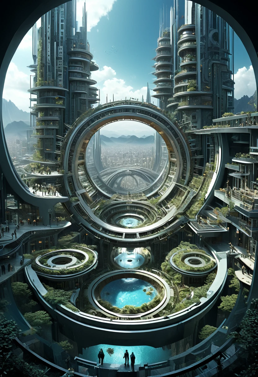 （Very unified CG scene design），（A ring-shaped future city suspended in the universe），（Neatly arranged future technology houses in the ring）complex structure，Complex gears，clear texture，complex patterns，glyphic，Titanium alloy，Sophisticated construction，Ultra-complex structures，future human city，science fiction，cyberpunk characters，