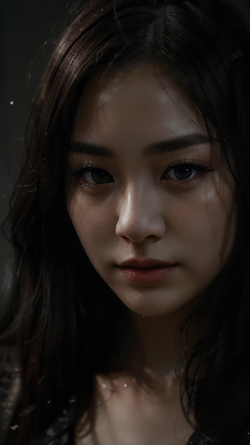 a beautiful korean girl, detailed face and eyes, long eyelashes, actress portrait, soft lighting, dramatic lighting, melancholy expression, eyes closed, dramatic pose, dark backdrop, muted colors, cinematic atmosphere, (best quality,4k,8k,highres,masterpiece:1.2),ultra-detailed,(realistic,photorealistic,photo-realistic:1.37)