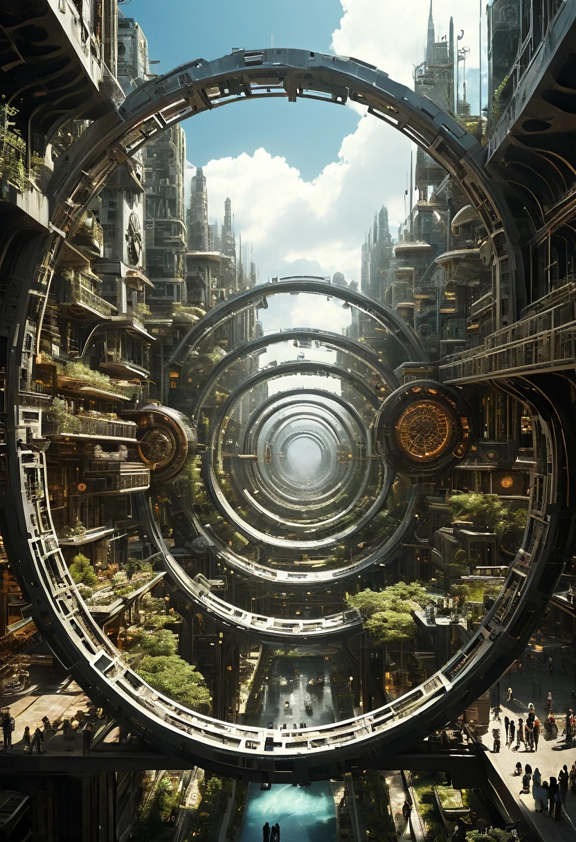 （Very unified CG scene design），（A ring-shaped future city suspended in the universe），（Neatly arranged future technology houses in the ring）complex structure，Complex gears，clear texture，complex patterns，glyphic，Titanium alloy，Sophisticated construction，Ultra-complex structures，future human city，science fiction，cyberpunk characters，