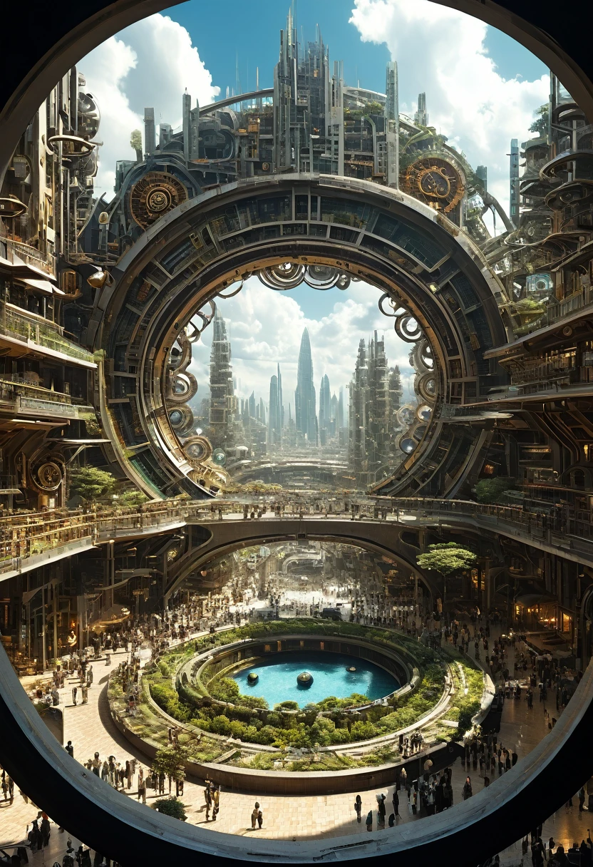 （Very unified CG scene design），（A ring-shaped future city suspended in the universe），（Neatly arranged future technology houses in the ring）complex structure，Complex gears，clear texture，complex patterns，glyphic，Titanium alloy，Sophisticated construction，Ultra-complex structures，future human city，science fiction，cyberpunk characters，