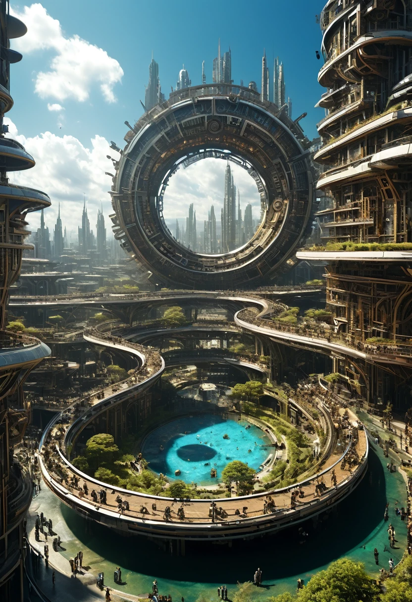 （Very unified CG scene design），（A ring-shaped future city suspended in the universe），（Neatly arranged future technology houses in the ring）complex structure，Complex gears，clear texture，complex patterns，glyphic，Titanium alloy，Sophisticated construction，Ultra-complex structures，future human city，science fiction，cyberpunk characters，