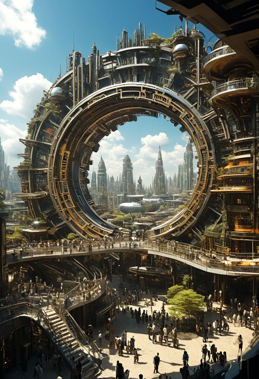 （Very unified CG scene design），（A ring-shaped future city suspended in the universe），（Neatly arranged future technology houses in the ring）complex structure，Complex gears，clear texture，complex patterns，glyphic，Titanium alloy，Sophisticated construction，Ultra-complex structures，future human city，science fiction，cyberpunk characters，