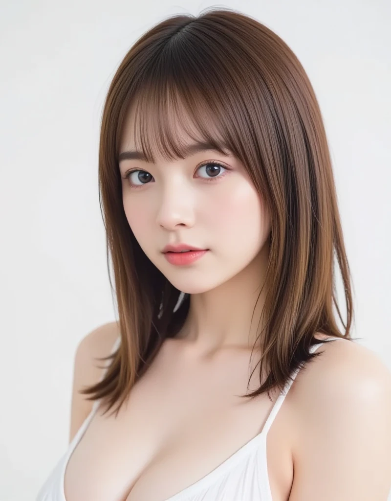 1girl, 25years old woman, cute face, Small breasts, medium breasts, large breasts, beautiful face, (perfectly detailed face), ((looking at viewer)), Simple Background, ((white background)), ((white wallpaper)), White skin, (bright lighting:1.2), perfect lighting, photorealistic, (bokeh), UHD, anatomically correct, highres
