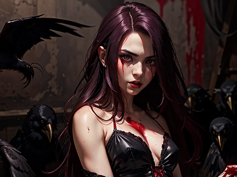 A pale vampiric bloodied lady Dimitrescu surrounded by bloody ravens, long straight waves with crimson streaks, a naturalistic and photographic, hyperrealistic and detailed, realistically textured composition, casually mannered, seductive expression, inspired by Seira Sodeshiro.
