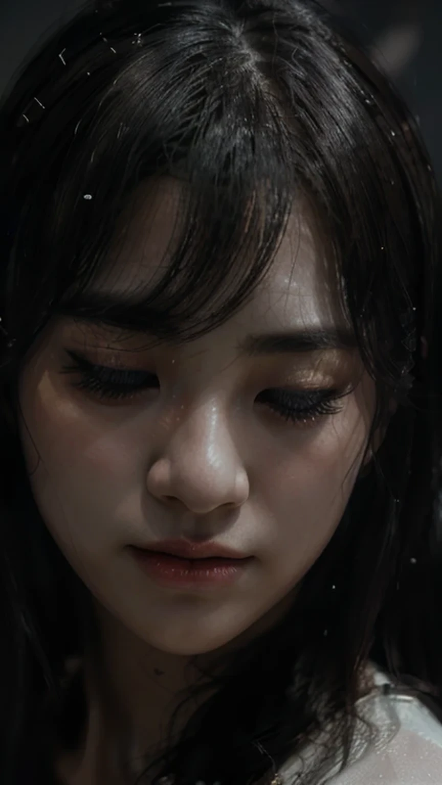 a beautiful korean girl, detailed face and eyes, long eyelashes, actress portrait, soft lighting, dramatic lighting, melancholy expression, eyes closed, dramatic pose, dark backdrop, muted colors, cinematic atmosphere, (best quality,4k,8k,highres,masterpiece:1.2),ultra-detailed,(realistic,photorealistic,photo-realistic:1.6)