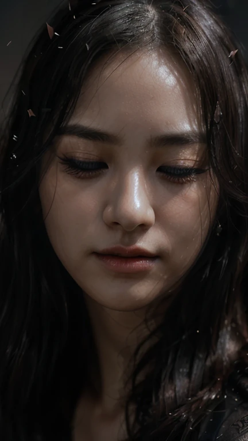 a beautiful korean girl, detailed face and eyes, long eyelashes, actress portrait, soft lighting, dramatic lighting, melancholy expression, ((eyes closed)), dramatic pose, dark backdrop, muted colors, cinematic atmosphere, (best quality,4k,8k,highres,masterpiece:1.2),ultra-detailed,(realistic,photorealistic,photo-realistic:1.37)