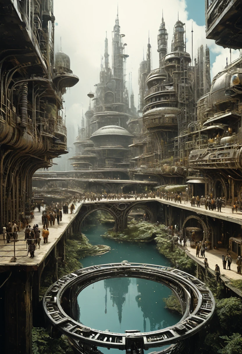 （Very unified CG scene design），（A ring-shaped future city suspended in the universe），（Neatly arranged future technology houses in the ring）complex structure，Complex gears，clear texture，complex patterns，glyphic，Titanium alloy，Sophisticated construction，Ultra-complex structures，future human city，science fiction，cyberpunk characters，