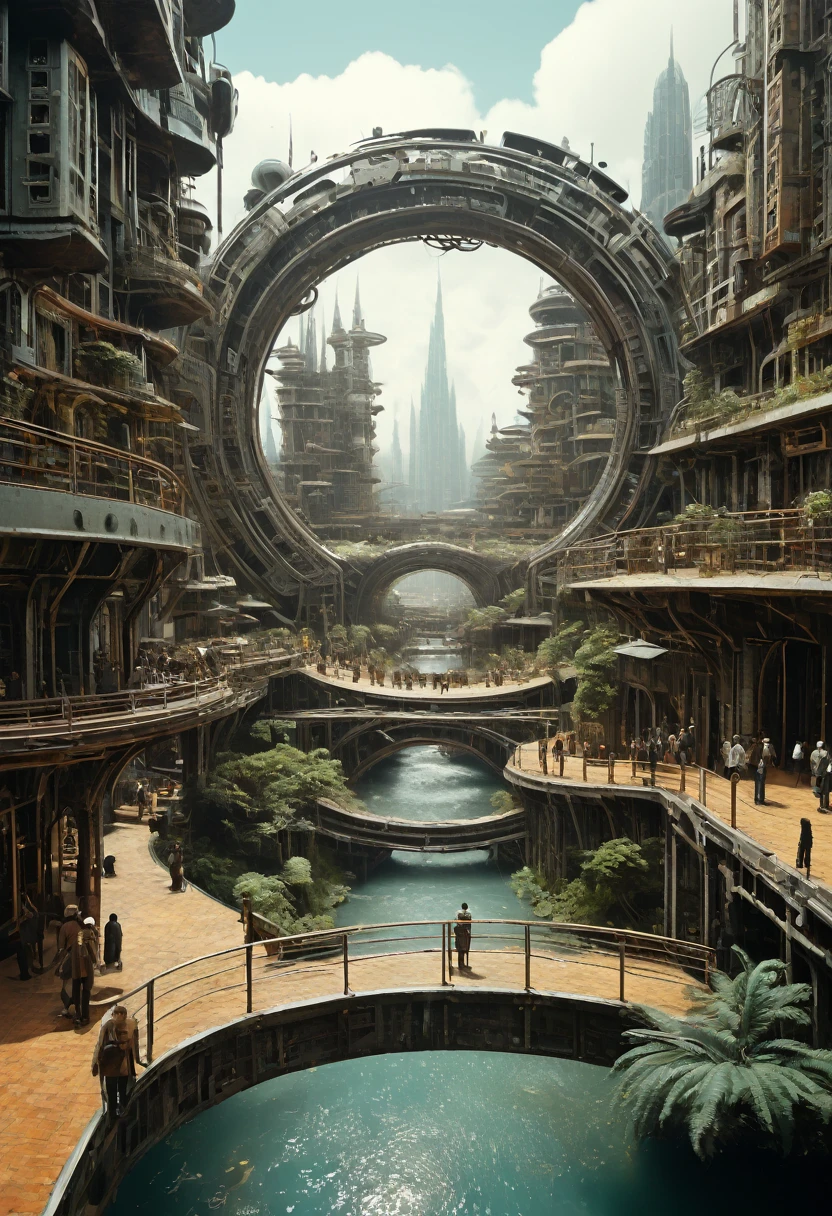 （Very unified CG scene design），（A ring-shaped future city suspended in the universe），（Neatly arranged future technology houses in the ring）complex structure，Complex gears，clear texture，complex patterns，glyphic，Titanium alloy，Sophisticated construction，Ultra-complex structures，future human city，science fiction，cyberpunk characters，