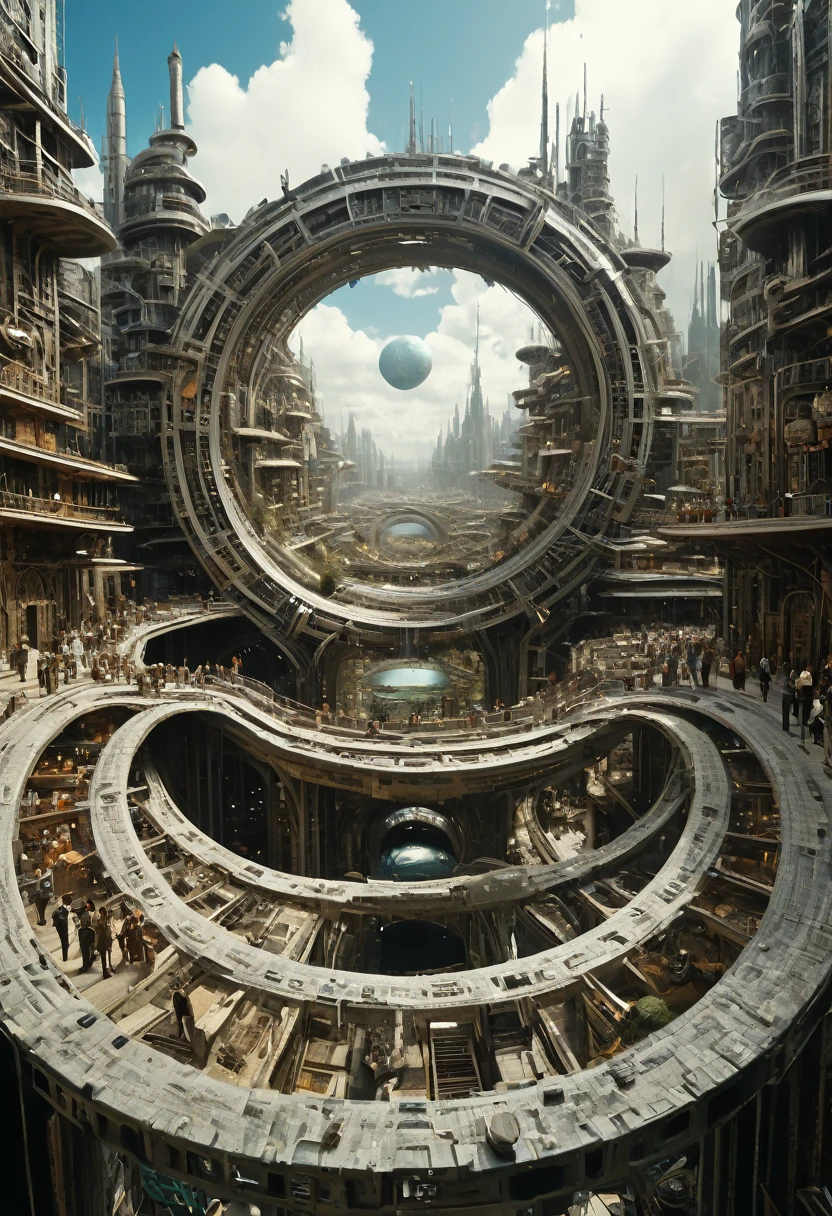 （Very unified CG scene design），（A ring-shaped future city suspended in the universe），（Neatly arranged future technology houses in the ring）complex structure，Complex gears，clear texture，complex patterns，glyphic，Titanium alloy，Sophisticated construction，Ultra-complex structures，future human city，science fiction，cyberpunk characters，