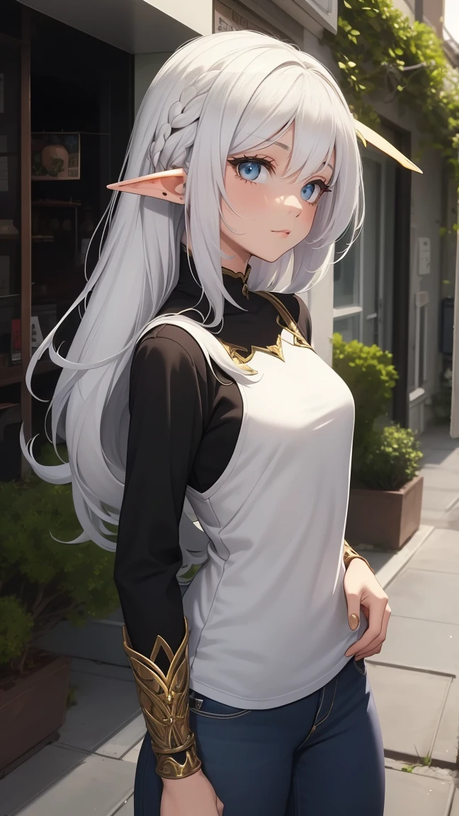 
1girl, solo, lady elf, ((white hair)), ((green eyes)), pants, long sleeves, pointed ears. ((black clothes)), forehead, t-shirt, jeans
