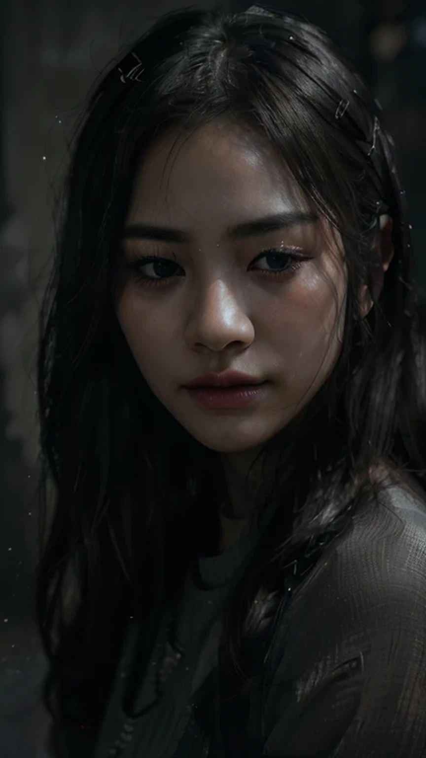 a beautiful korean girl, detailed face and eyes, long eyelashes, actress portrait, soft lighting, dramatic lighting, melancholy expression, eyes closed, dramatic pose, dark backdrop, muted colors, cinematic atmosphere, (best quality,4k,8k,highres,masterpiece:1.2),ultra-detailed,(realistic,photorealistic,photo-realistic:1.6)