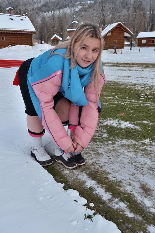 take the last image of this cute blonde girl, and make her sitting on the playground, dressed in winter