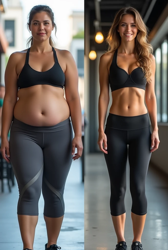 Book cover concept: A highly realistic and almost 3D quality image depicting the physical transformation of a woman from obesity to a slim, fit, and happy version of herself. On the left side, the woman is overweight, with a somber expression, wearing casual, loose clothing. On the right side, she appears slim, fit, and radiantly happy, wearing form-fitting athletic wear, with a confident and joyful smile. The background should transition smoothly from dark and muted tones on the left to bright and vibrant colors on the right, symbolizing the positive change in her life. Ensure the cover is ultra-high-definition 4K quality with a hyper-realistic style, capturing every detail of the transformation.