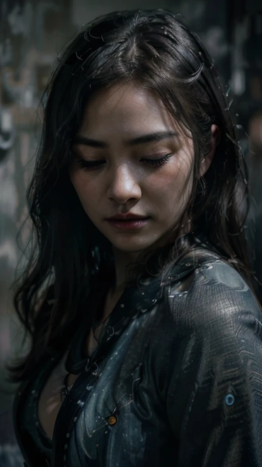 a beautiful korean girl, detailed face and eyes, long eyelashes, actress portrait, soft lighting, dramatic lighting, melancholy expression, ((eyes closed)), dramatic pose, dark backdrop, muted colors, cinematic atmosphere, (best quality,4k,8k,highres,masterpiece:1.2),ultra-detailed,(realistic,photorealistic,photo-realistic:1.37),((cowboy shot:1.3))
