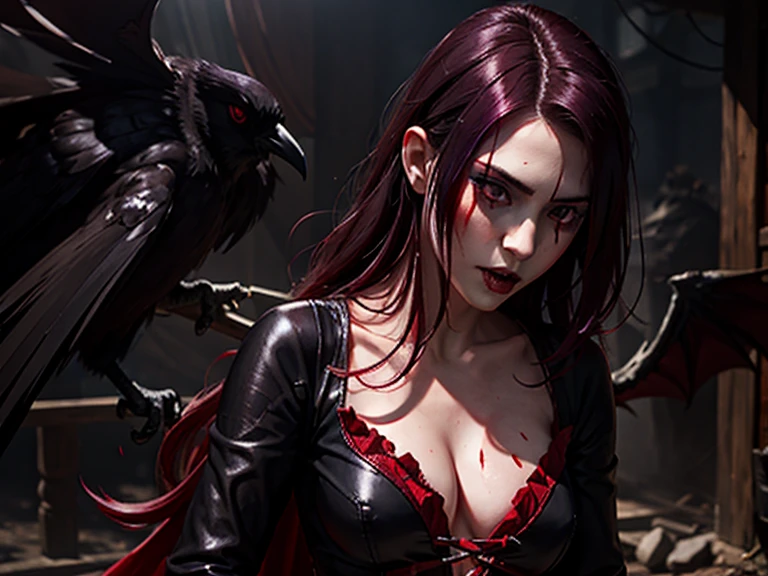 A pale vampiric bloodied lady Dimitrescu surrounded by bloody ravens, long straight waves with crimson streaks, a naturalistic and photographic, hyperrealistic and detailed, realistically textured composition, casually mannered, seductive expression, inspired by Seira Sodeshiro.
