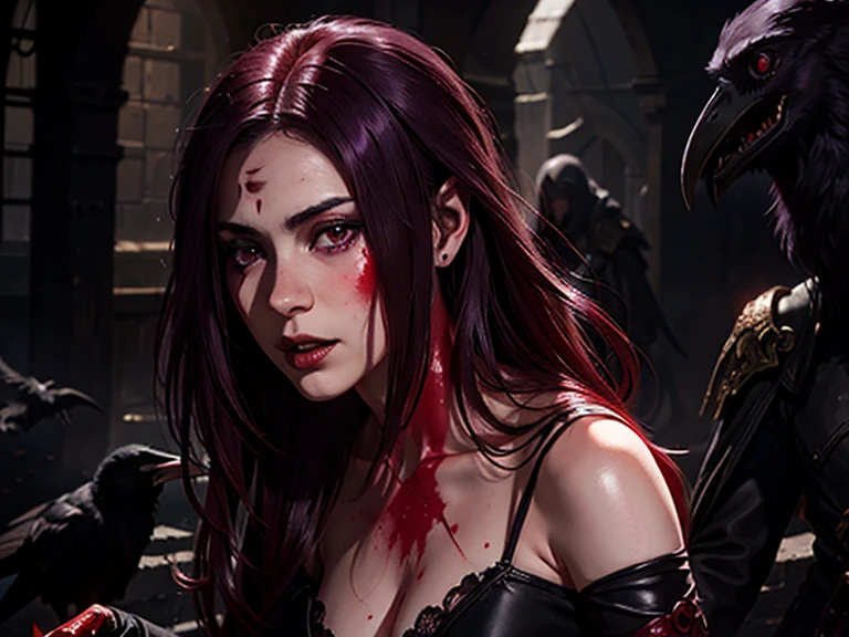 A pale vampiric bloodied lady Dimitrescu surrounded by bloody ravens, long straight waves with crimson streaks, a naturalistic and photographic, hyperrealistic and detailed, realistically textured composition, casually mannered, seductive expression, inspired by Seira Sodeshiro.
