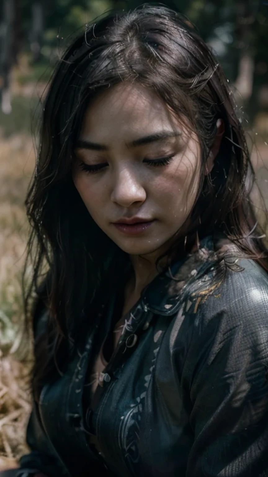 a beautiful korean girl, detailed face and eyes, long eyelashes, actress portrait, soft lighting, dramatic lighting, melancholy expression, ((eyes closed)), dramatic pose, dark backdrop, muted colors, cinematic atmosphere, (best quality,4k,8k,highres,masterpiece:1.2),ultra-detailed,(realistic,photorealistic,photo-realistic:1.37),((cowboy shot:1.3)),(lying on the grass)