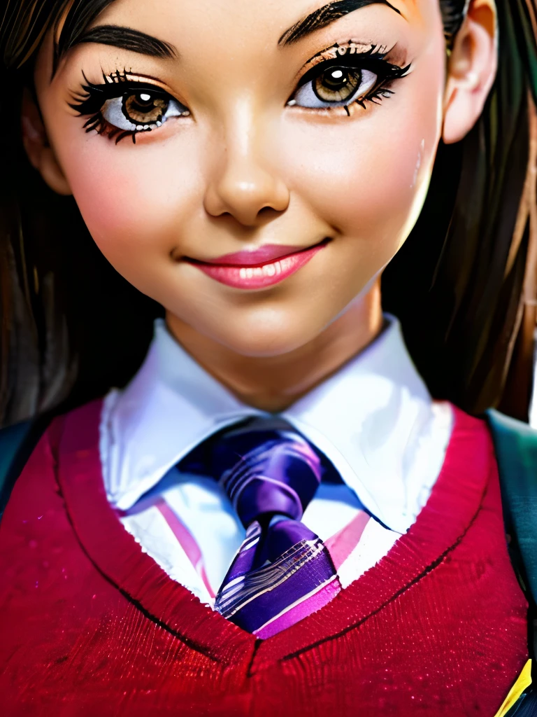 Captura de my hero academy.una chica cabello largo color negro y con unos mechones en el cabello azules, ojos amarillos intensos, tiene pecas en la cara, lleva puesto el uniforme de la UA saco gris y corbata roja , de fondo un ambiente escolar.