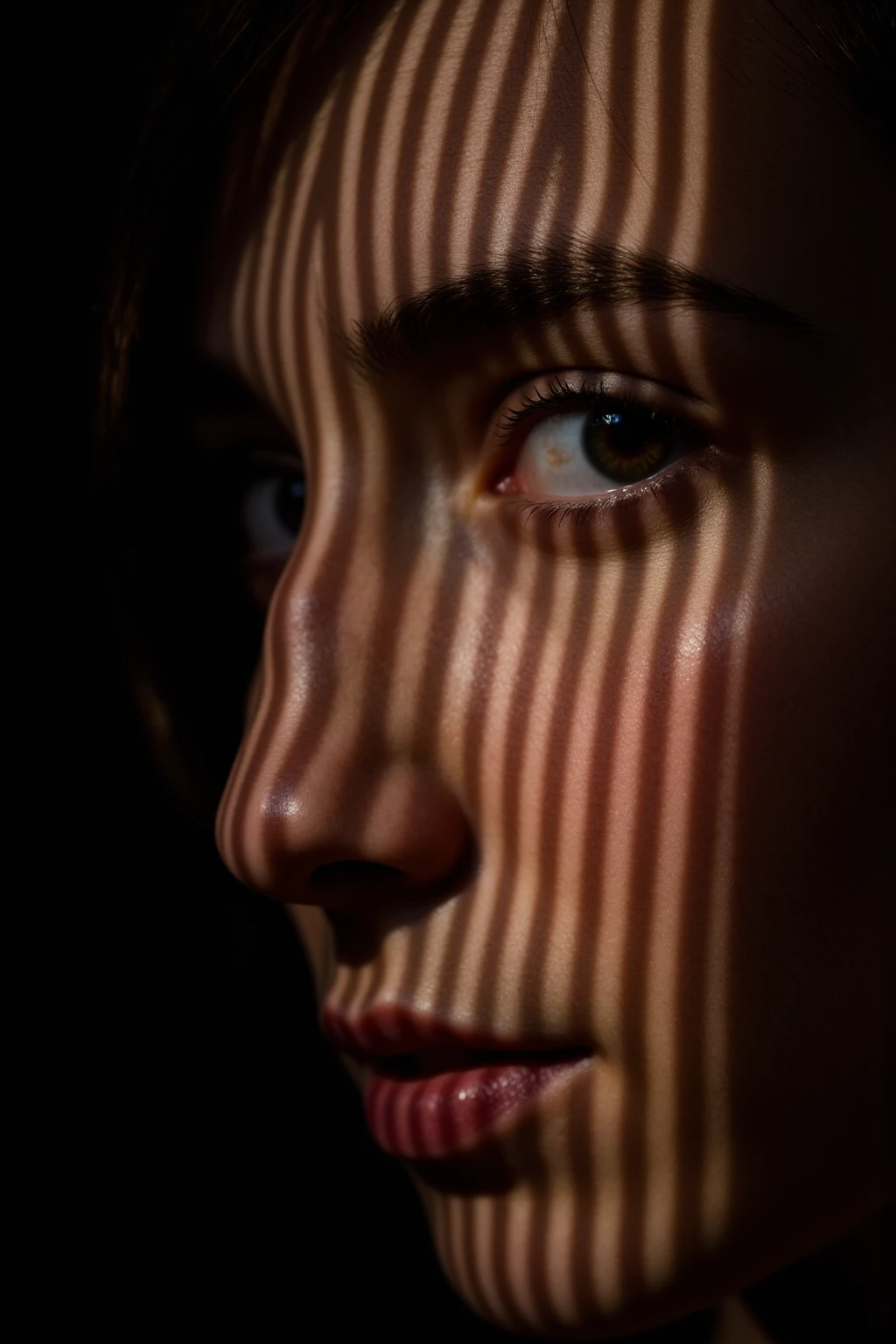 A photo of a (face bathed in patterned light:1.3), (speckled shadows:1.2), (captivating gaze:1.1), (contrast of light and texture:1.2), artistic interplay, (sharp luminous streaks:1.1), (detailed iris:1.1), Sony α7R IV, 1/320s, f/2.8, ISO 400, (enigmatic expression:1.2), (highlighted facial contours:1.1), (intimate portraiture:1.2), RAW file format, (visual rhythm:1.1), (intrinsic contrast:1.2).