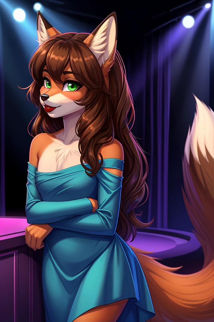 Best quality, furry male fox with green eyes, with brown long hair, with black spout, with red lipstick on lips, big lips, in a blue dress, crossdressing, shy, choker on the neck, off-the-shoulder dress, flirts, sexy pose, portrait, against the backdrop of an empty nightclub