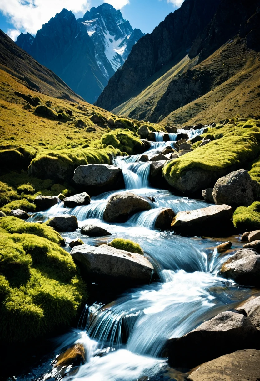 Waterfall-like water flows in the mountains  