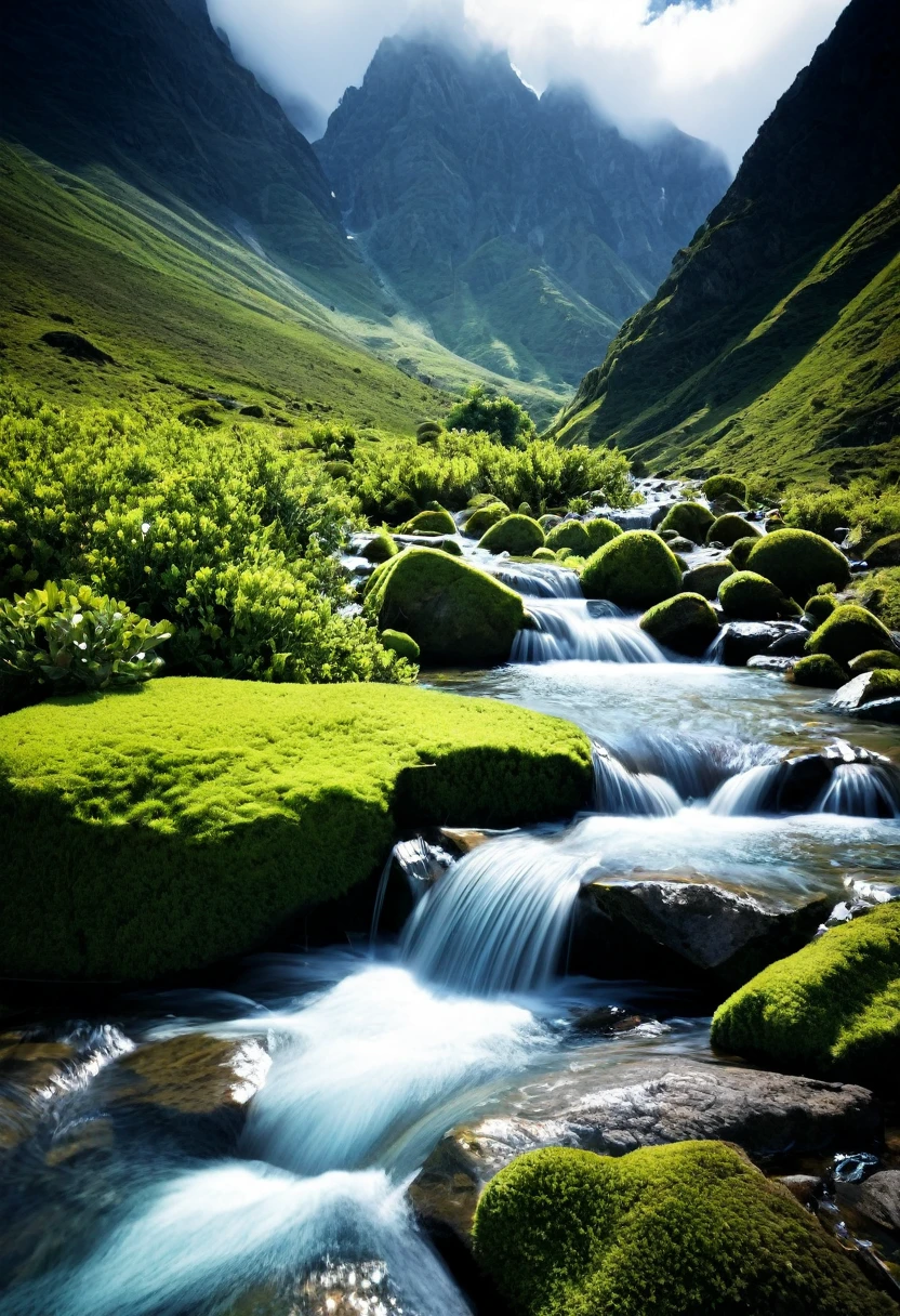 Waterfall-like water flows in the mountains  