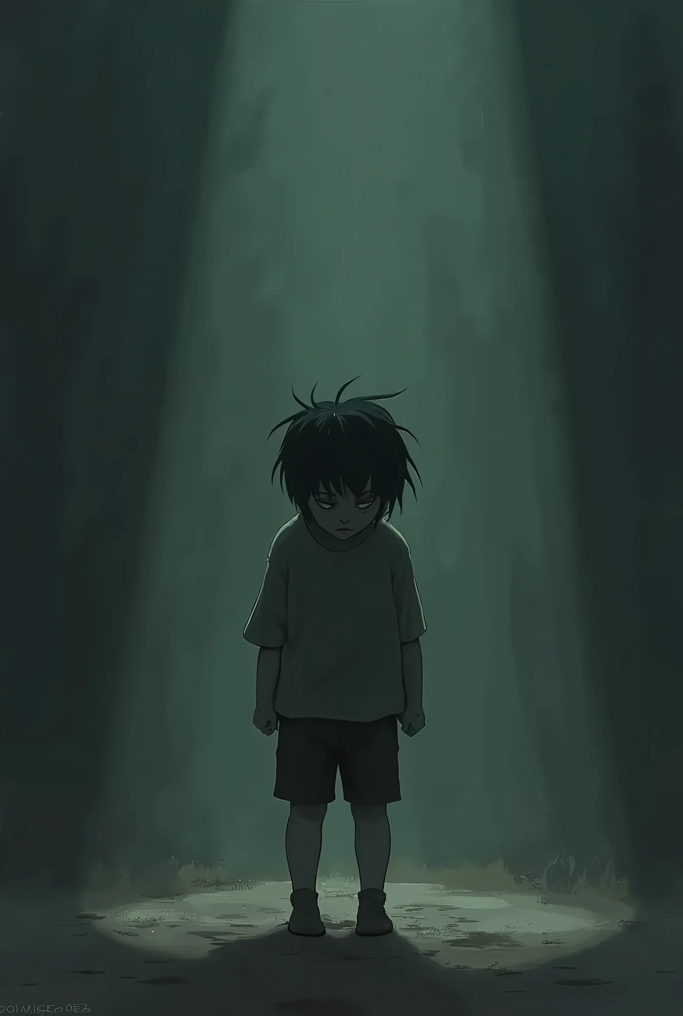  short hair boys 1,73 altar white Nike clothes background dark road style drawing evil face looking up 