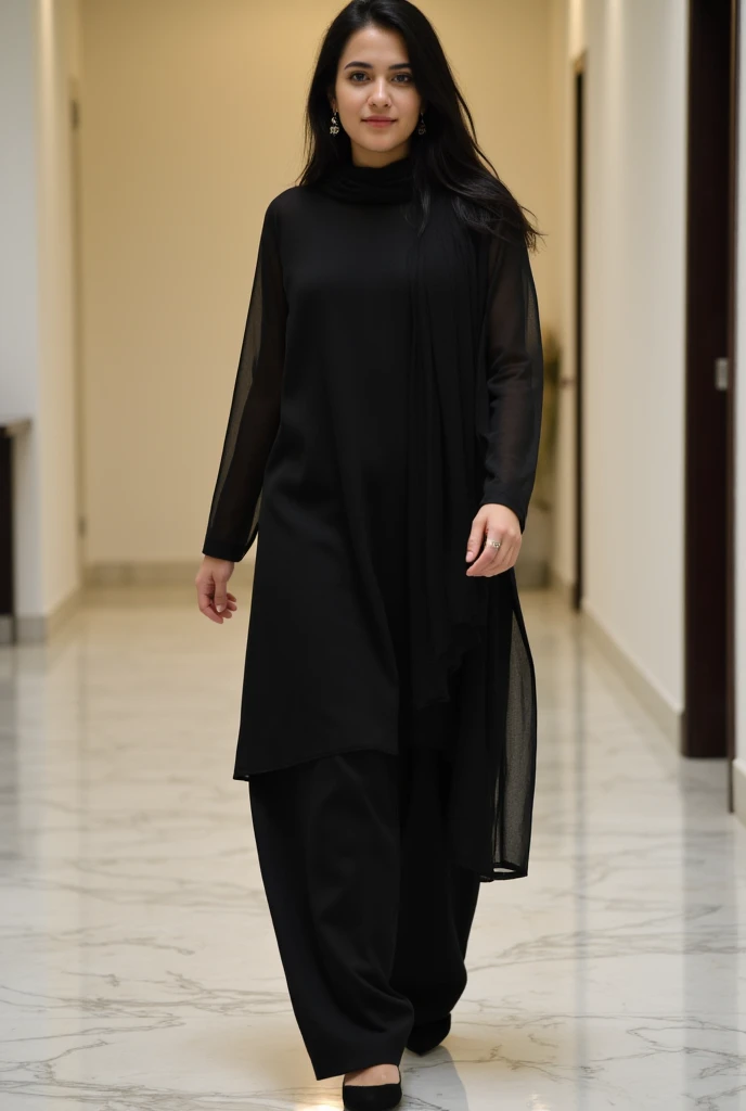 Hijabi women wear two-piece office dress set,dark maxi skirt, wear red peplum blazer, skirt have a very long train about 7 meter long, wear jewellery, sexy pose in office room