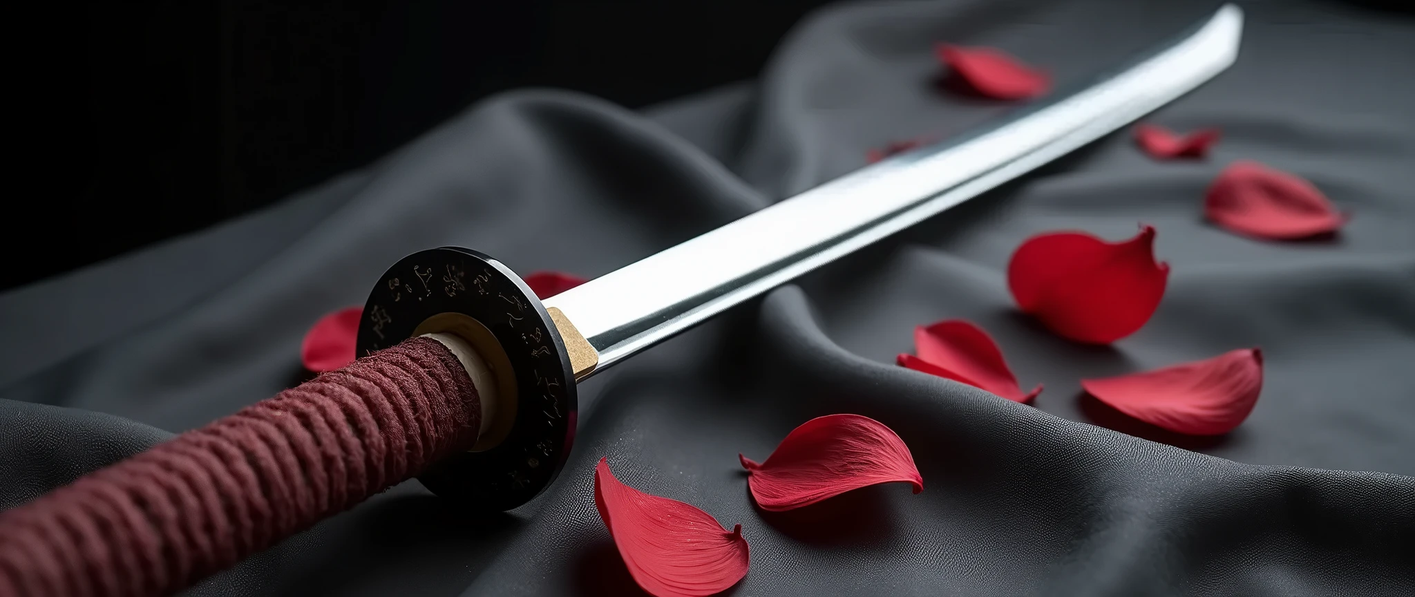 Shot with a professional camera, a katana placed on a dark gray silk cloth, with a few red petals sprinkled on the side, the katana, the best shade, the best quality, a masterpiece