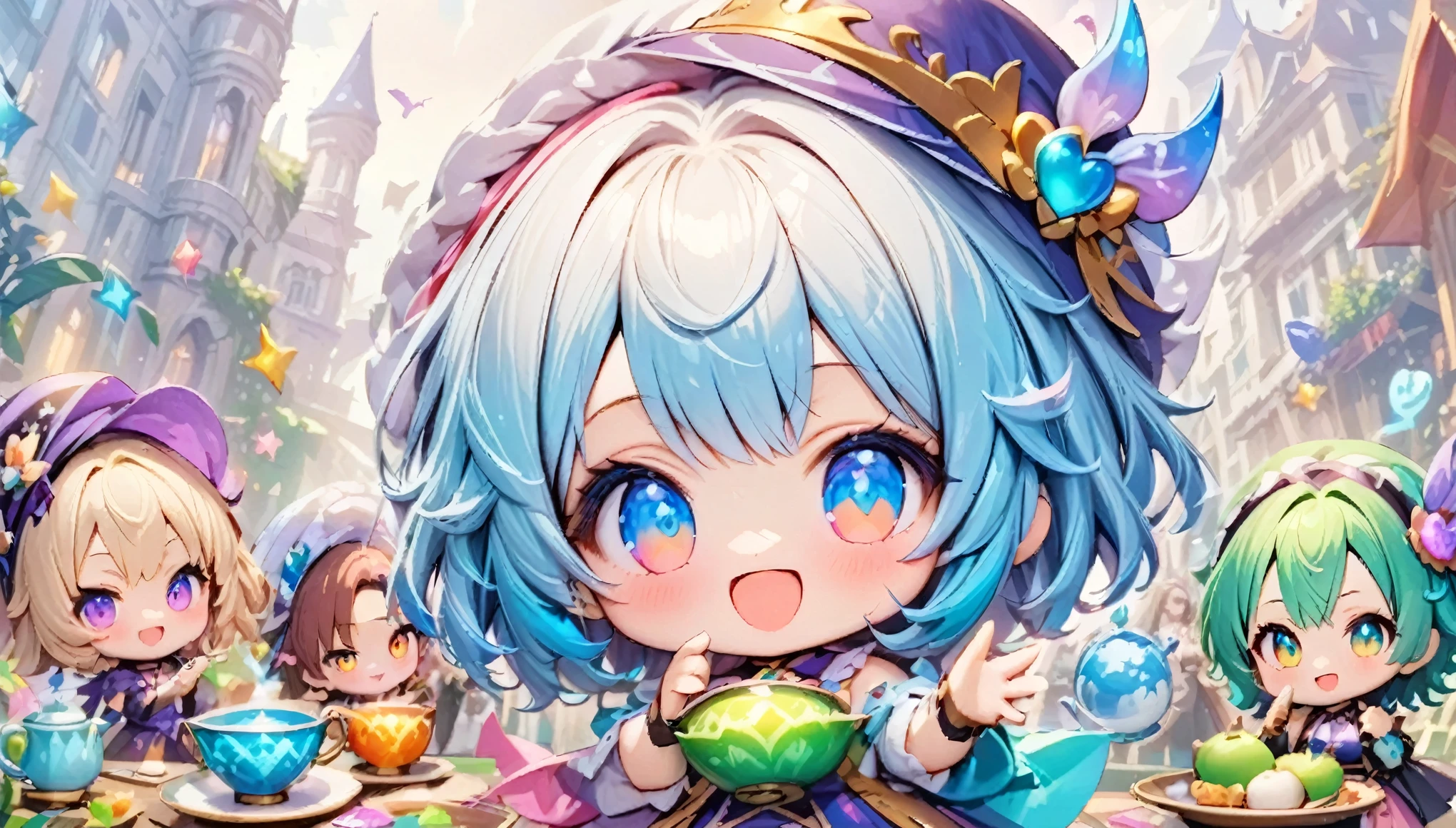 masterpiece, Best Quality, magic使いのお茶会, magic tea party, magic, Chibi, The charming witches, High definition realistic eyes,  happy , Vibrant, colorful,