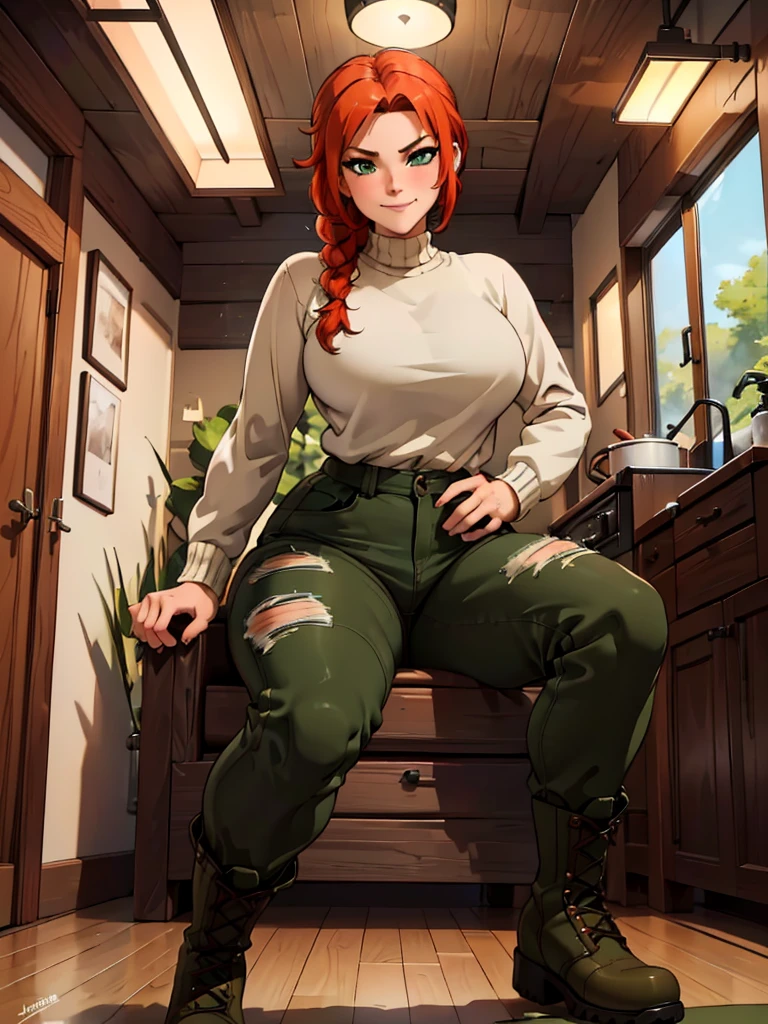 (best quality,4k,8k,highres,masterpiece:1.2),ultra-detailed,realistic:1.37,portrait, very sexy girl lesbian redhead, braided hair, beautiful green eyes, seductive, warm sweater, hants to camouflage pants, army boots, smirking, cozy lighting, vibrant colors. Futanari, lewd,    night, crotesc 