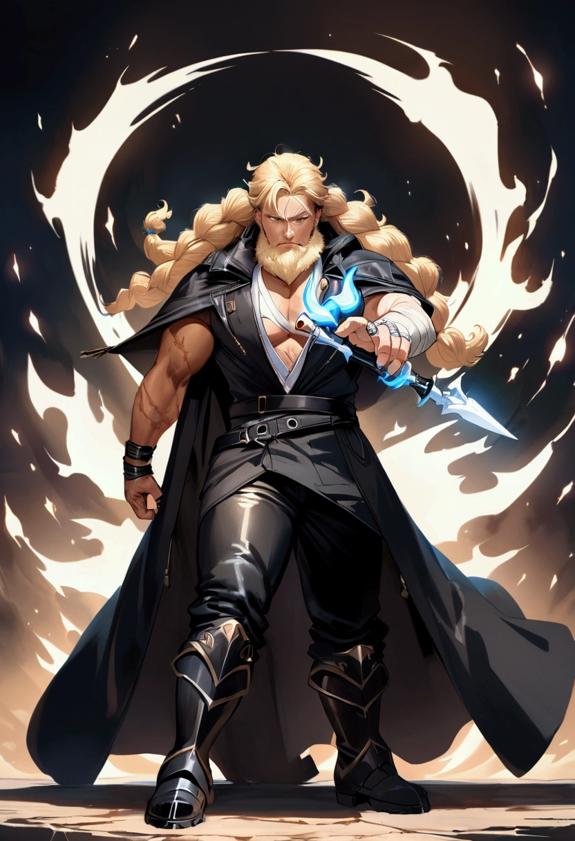 (Artwork:1.2), (Anime style 2024), (Unique and fluid stroke), (well detailed), 1 semi-giant man with a strong body, long blonde curly hair, beard with braids, light blue iris color with brown, claw scar on face, wearing a black leather cloak that covers half of the chest (detail of white flames coming from the bottom to the top of the coat), wearing a bandage on half of the left arm, details of rings on fingers, wearing black leather pants with a white dragon symbol drawn on them, wearing two brown, heartless boots with black soles. (Dynamic camera), (Realistic lighting), confident look, holding a spear with a curved, blue tip.