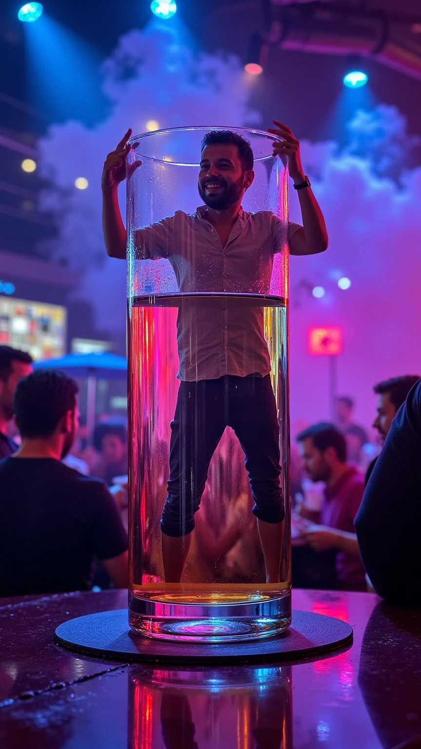  A man swimming in a huge glass of cubatata ,  seen in a nightclub environment .  The colored lights in neon tones —blue , purple and red— illuminate the scene ,  creating vibrant reflections in the glass and on the man ,  who swims with a relaxed and fun expression .  A dense and colorful smoke surrounds the background ,  intensifying the festive and surreal atmosphere . The image is detailed,  with realistic textures in the liquid and glass of the glass ,  capturing the energy and atmosphere of an animated nightclub.
