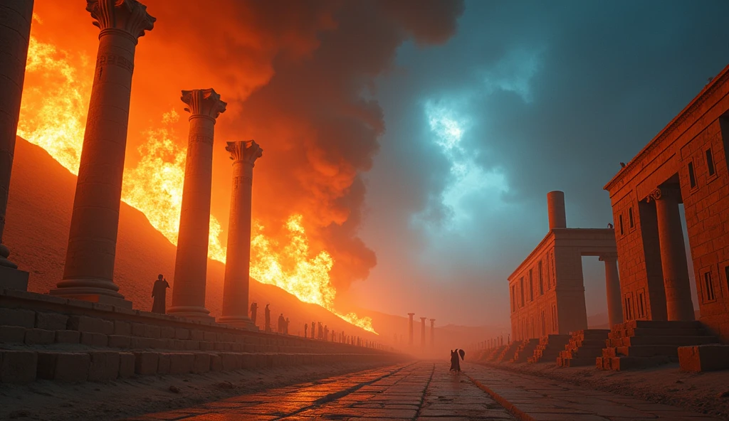 Generate a powerful and evocative image depicting the aftermath of the Trojan War, with the legendary city of Troy in ruins and engulfed in intense flames. Capture the destruction and chaos of war, emphasizing the crumbling architecture, smoky atmosphere, and the fiery glow that illuminates the devastation. The image should evoke a sense of tragedy and capture the emotional weight of the moment, serving as a striking visual backdrop for a theater show centered around the Trojan War