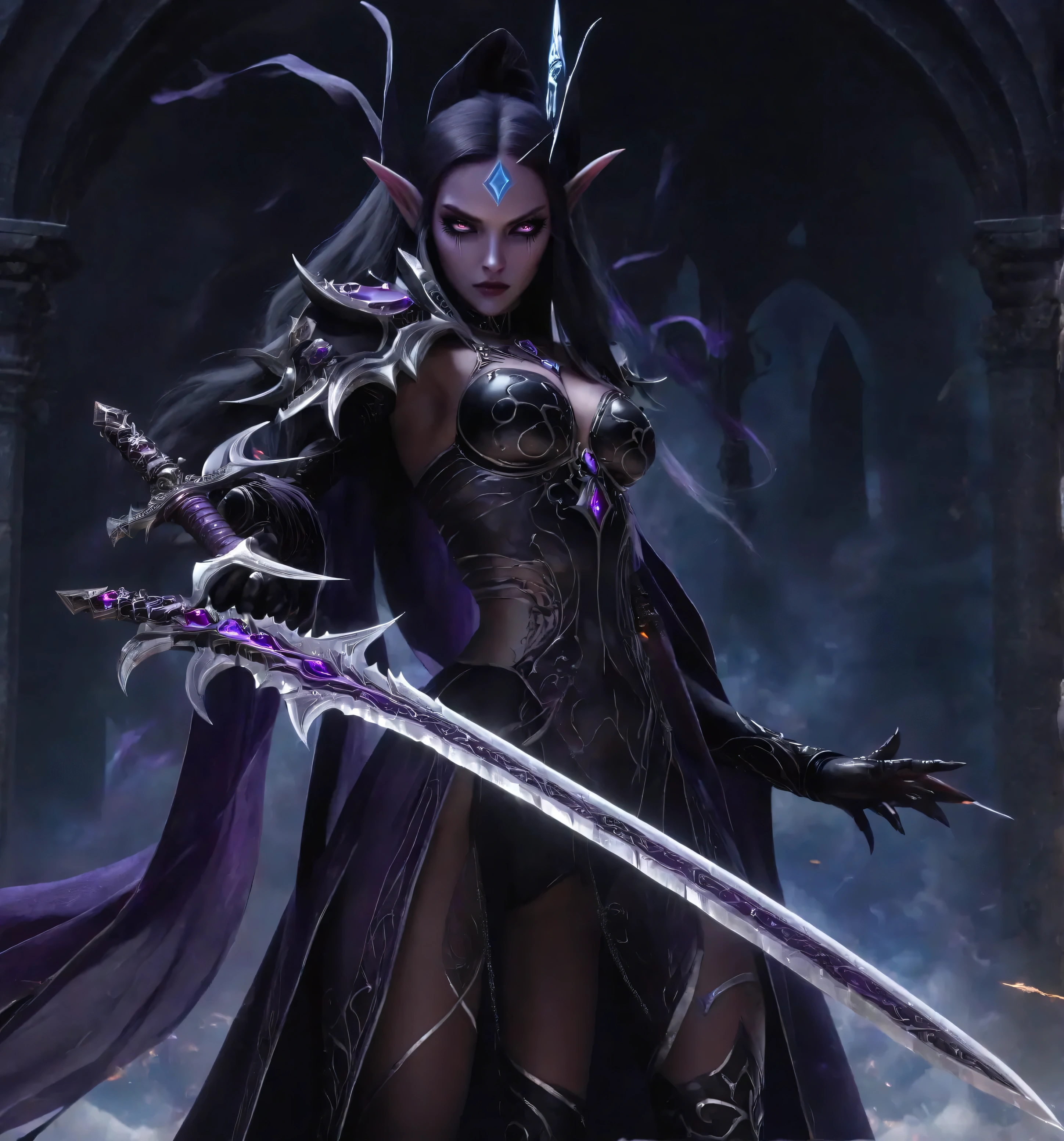 a close up of a woman in a black outfit holding a sword, Voidelf princess, voidelf, voidelf maiden, dark sorceress full view, beautiful dark elf countess, dark sorceress, abaddon and magali villeneuve, dark fantasy style art, death knight, epic exquisite character art, high quality fantasy art, necromancer sorceress