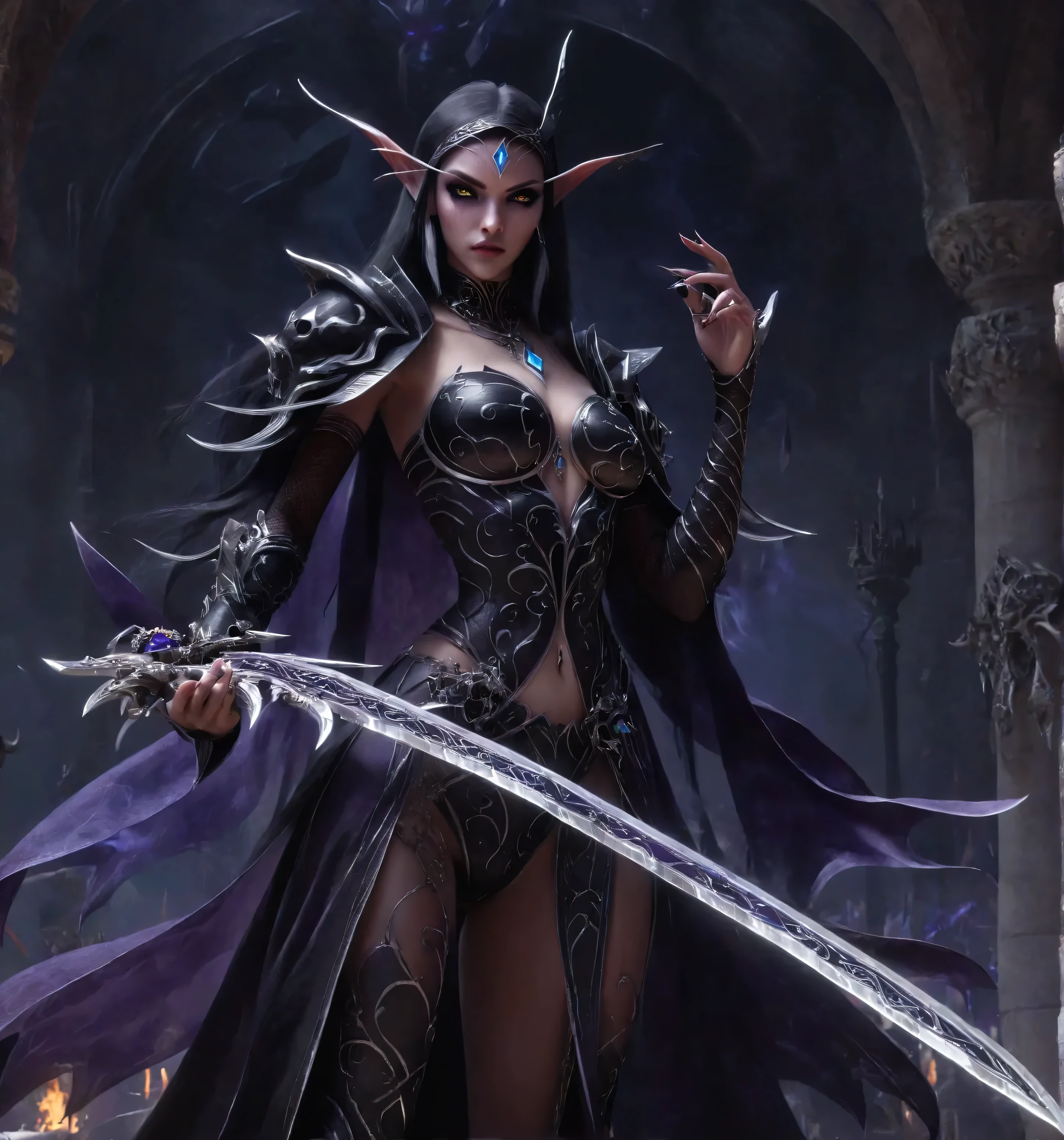 a close up of a woman in a black outfit holding a sword, Voidelf princess, voidelf, voidelf maiden, dark sorceress full view, beautiful dark elf countess, dark sorceress, abaddon and magali villeneuve, dark fantasy style art, death knight, epic exquisite character art, high quality fantasy art, necromancer sorceress