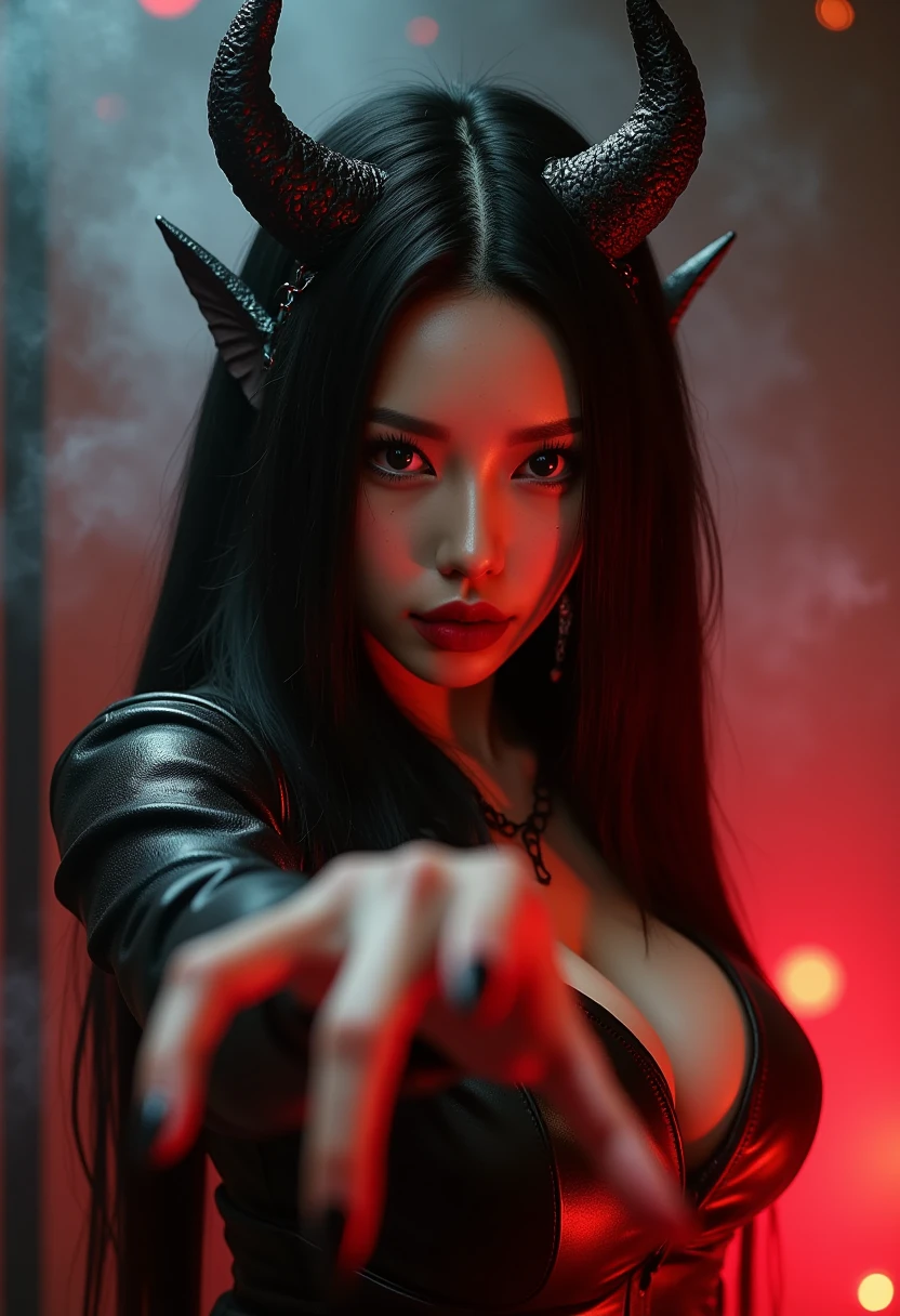 (woman dressed as devil),reaching out hand,towards camera,horns and wings on headpiece,wearing black and red,beautiful detailed eyes,beautiful detailed lips,extremely detailed eyes and face,long eyelashes,(best quality,4k,8k,highres,masterpiece:1.2),ultra-detailed,(realistic,photorealistic,photo-realistic:1.37),HDR,UHD,studio lighting,ultra-fine painting,sharp focus,physically-based rendering,extreme detail description,professional,vivid colors,bokeh,gothic style,dark atmosphere,red and black tones,dramatic lighting,smoky background,evil expression,clawed fingers,leather outfit,metal accessories,fiery aura,shadowy environment,glowing eyes,ominous presence,haunting beauty,oneuandgr
