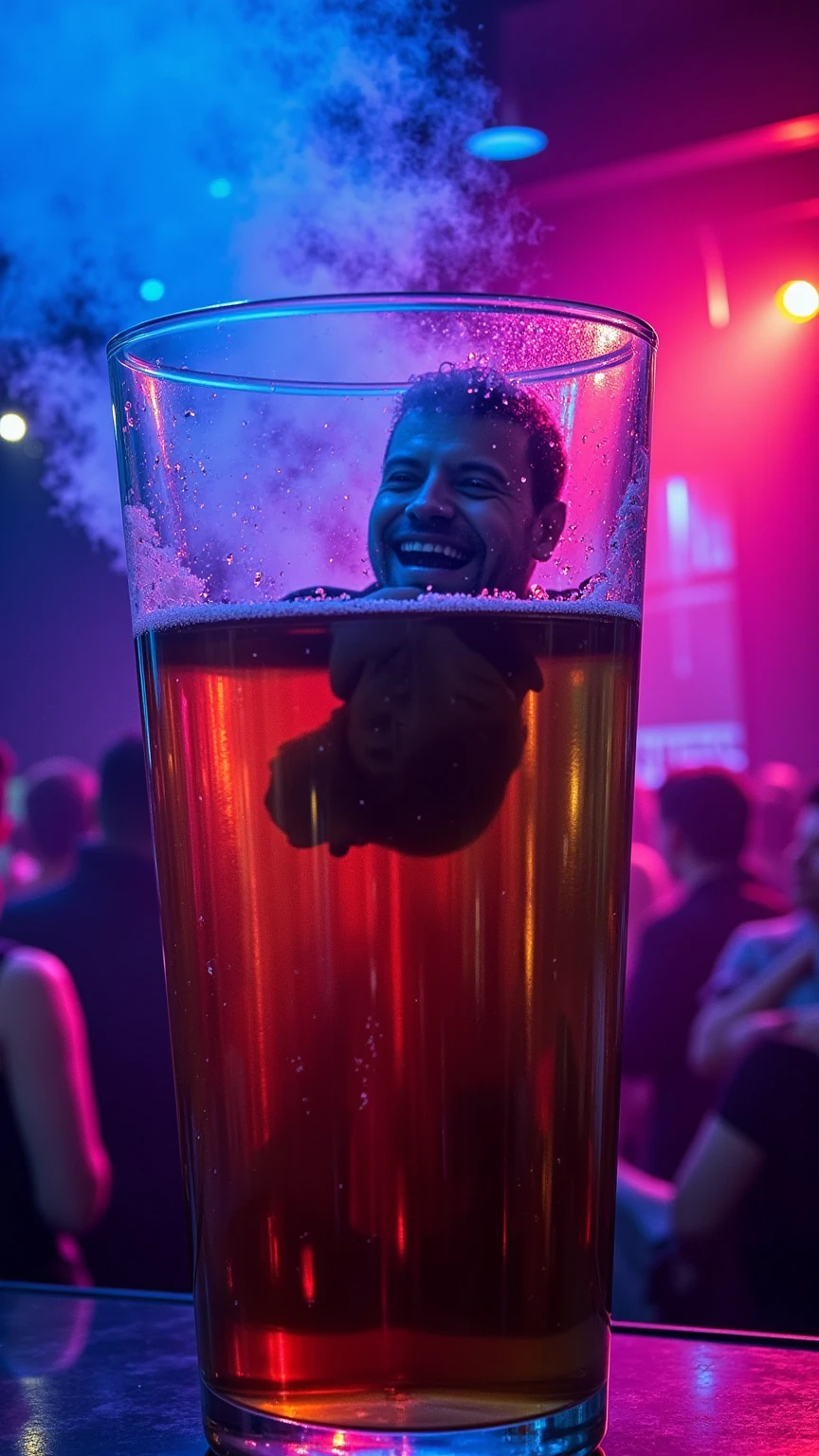 A man swimming in a giant glass of rum and coke, set in a nightclub atmosphere. Colorful neon lights — blue, purple, and red — illuminate the scene, creating vibrant reflections on the glass and over the man, who swims with a relaxed and playful expression. Thick, colorful smoke surrounds the background, intensifying the festive and surreal atmosphere. The image is highly detailed, with realistic textures in the liquid and on the glass, capturing the energy and vibe of a lively nightclub.
