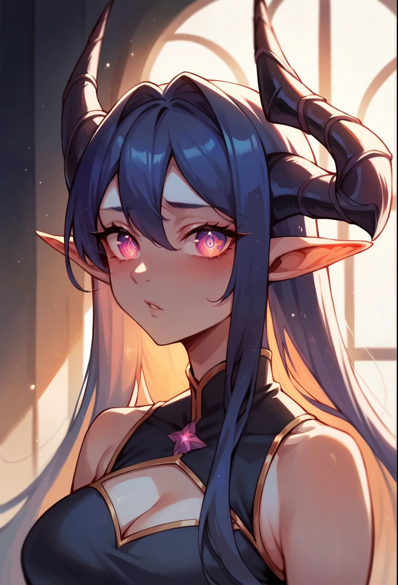 portrait, of an incubus ((male character)), with dark black skin, long flowing mixed hair ((smoky texture hair)), staring at the viewer ((black eyes, tender and melancholic look)), smiling sadly (( thin lip, slightly pink)), disintegrating little by little on the right side of the face, horn ((small horn, two black horns, on the forehead)).