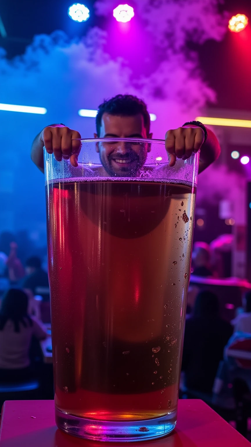 A man swimming in a giant glass of rum and coke, set in a nightclub atmosphere. Colorful neon lights — blue, purple, and red — illuminate the scene, creating vibrant reflections on the glass and over the man, who swims with a relaxed and playful expression. Thick, colorful smoke surrounds the background, intensifying the festive and surreal atmosphere. The image is highly detailed, with realistic textures in the liquid and on the glass, capturing the energy and vibe of a lively nightclub.
