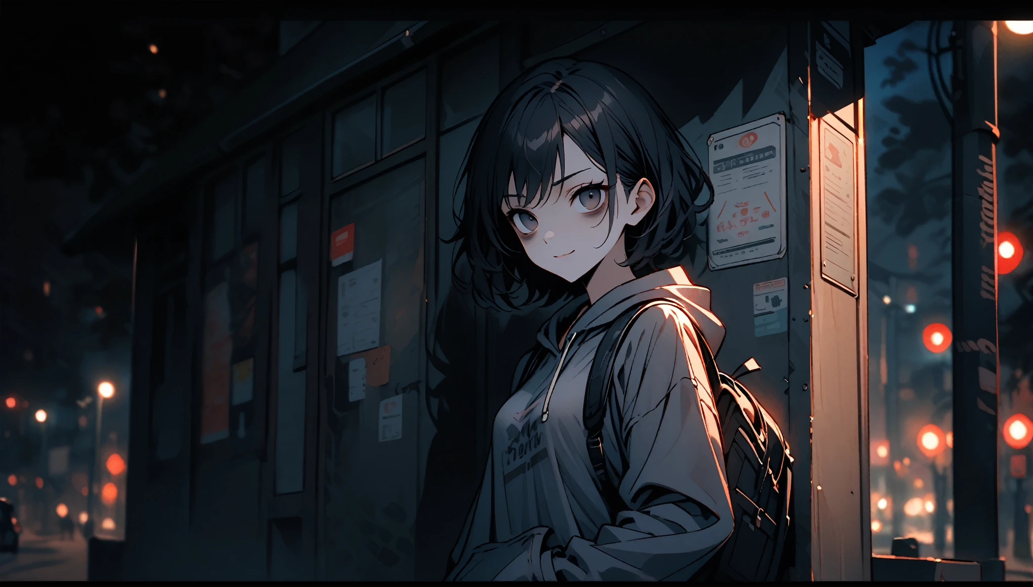 solo, woman, tall, short hair, black hair, swept hair, black eyes, bags under eyes, hoodie, jeans, night, tired smile, curvaceous, modest breasts, resting, back against wall, backpack slung on one shoulder, dark, confident pose, frustrated, looking at viewer, front, hand in pocket, loving, oblique view, bus stop, resting face on hand