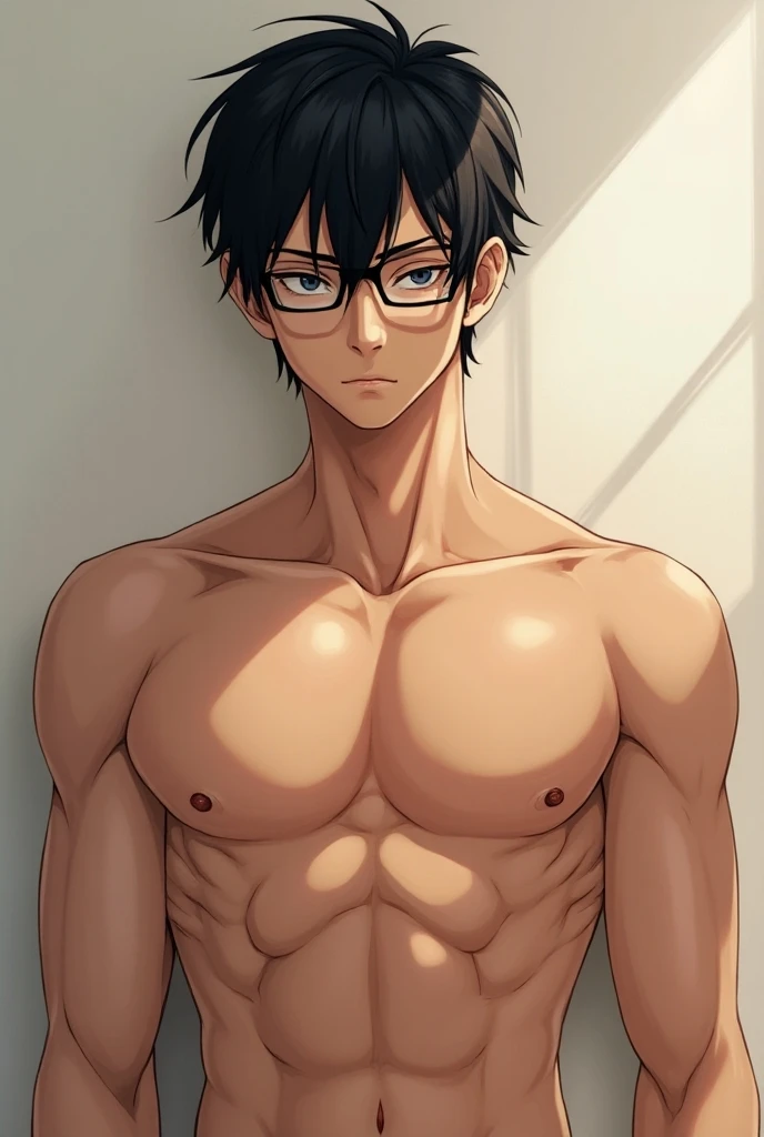 Vibrant colour,high quality, Amamiya Persona,cute shota,anime boy,naked top,soccer shorts,detailed chest and bluge, glasses,topless,only black speedo,huge chest and nipples,lowering his briefs one sided.